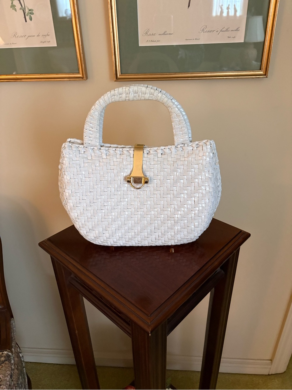 Woven Top-Handle Tote in White with Gold Accent